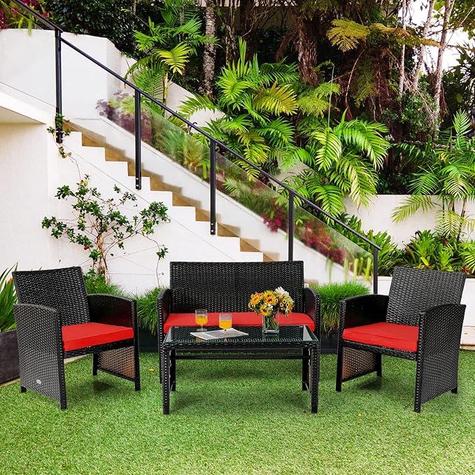 Tangkula 8 Pieces Rattan Furniture Set, Outdoor Conversation Set w/Chair & Loveseat & Tempered Glass Coffee Table, Suitable for Garden, Backyard, Poolside, Patio Furniture Set for 8 (2, Red)