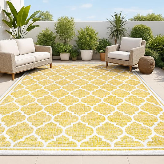 JONATHAN Y Moroccan Trellis Indoor Outdoor Area Rug 8X10 Yellow/Cream, Trebol Textured Weave for Backyard, Patio, Porch, Easy-Cleaning, High Traffic, Pet-Friendly, Non-Shedding (SMB109F-8)