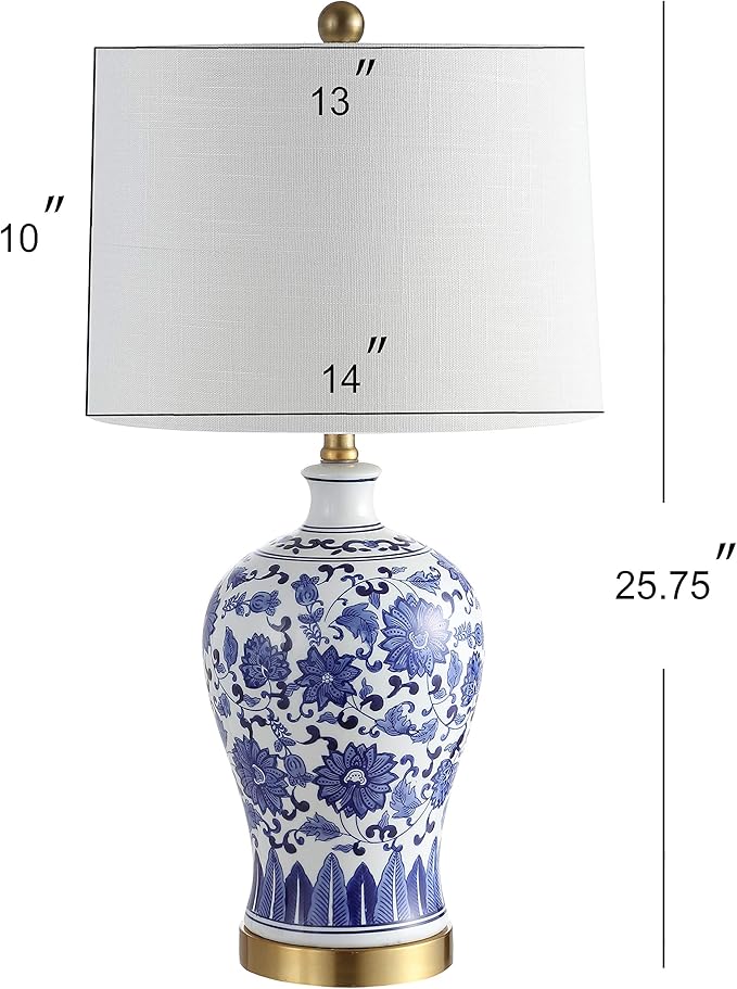 JONATHAN Y 25.75" Blue and White Ceramic Ginger Jar LED Table Lamp Set of 2, Traditional Brass Gold Base for Bedroom Living Room, White Linen Shade, LED Bulbs Included JYL1073A-SET2