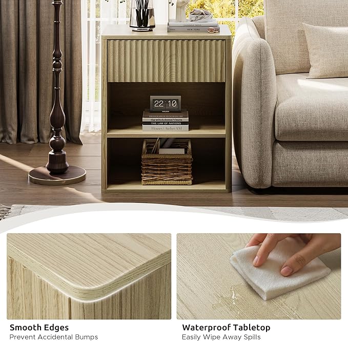 Nightstand Bedside Table Storage Drawer - Large Mid Century Modern Night Stand with Fluted Wood Drawer and Open Shelf Bed Side Table for Bedroom Study Room, Natural Oak, Set of 1