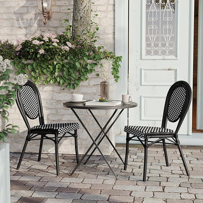 Flash Furniture Lourdes Indoor/Outdoor Commercial Thonet Bistro Stack Chair - Black/White PE Rattan Back and Seat - Black Metal Frame - Set of 2
