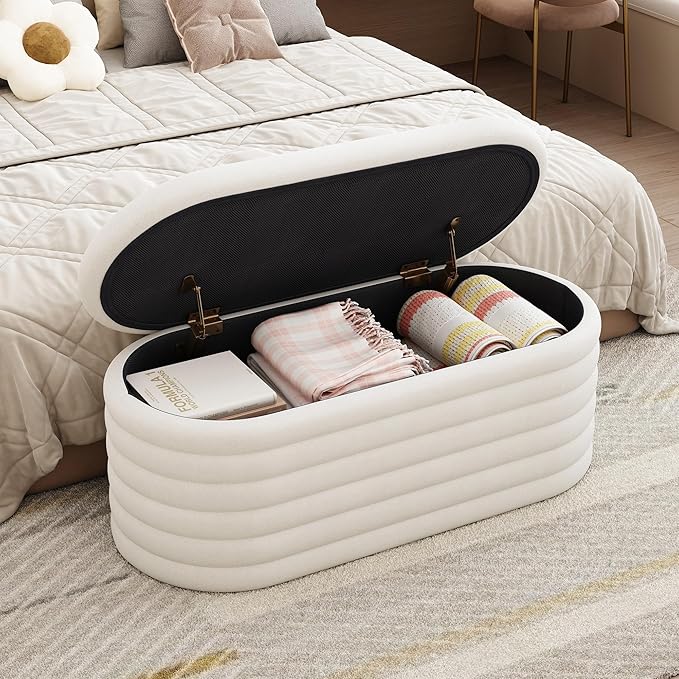 Ball & Cast 40" Oval Ottoman with Storage, Chenille Upholstered Entryway Bench with Safty Hinges for Living Room, End of Bed, No Assembly Required,White