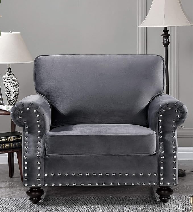Container Furniture Direct Lotus Mid Century Modern Velvet Upholstered Living Room Rolled Arms, Chair, Loveseat and Sofa, Grey