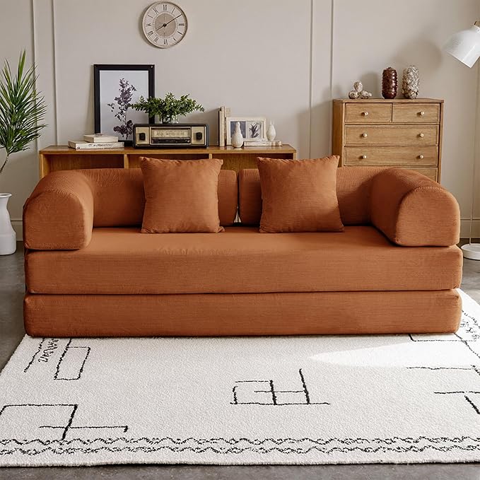 87'' Convertible Compressed Corduroy Folding Cloud Sofa Bed, Modern Modular Boneless Pull Out 3 Seater Sleeper in a Box, 5 in 1 Foldable Floor Mattress Couch, No Assembly Needed, Orange, Pillows, King