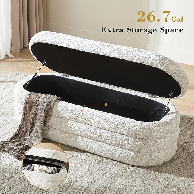 Boucle Storage Ottoman Bench for Bedroom 49.2 Inch Upholstered Modern Bedroom Bench with Storage Oval Large End of Bed Bench with Storage for Living Room, Entryway(Ivory)