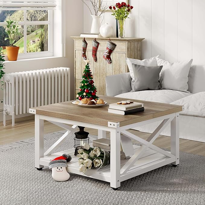 YITAHOME Farmhouse Coffee Table, Square Coffee Tables for Living Room, Vintage Living Room Table with Shelf, Coffee Table with Storage, Grey Wash