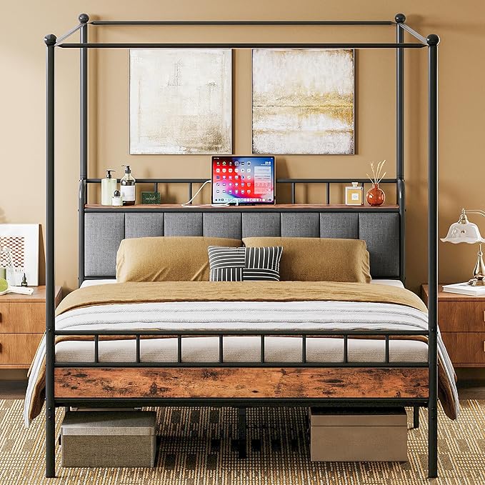 LIKIMIO Canopy Bed Frame Full, Storage Headboard with Charging Station, Platform Bed with 4 Removable Sturdy Posts, Noise Free, No Box Spring Needed, Vintage Brown