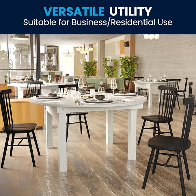 Flash Furniture Hercules Commercial Round Farmhouse Folding Table, Antique Rustic Solid Pine Dining Room Table, Foldable Locking Legs, 60" Diameter, White