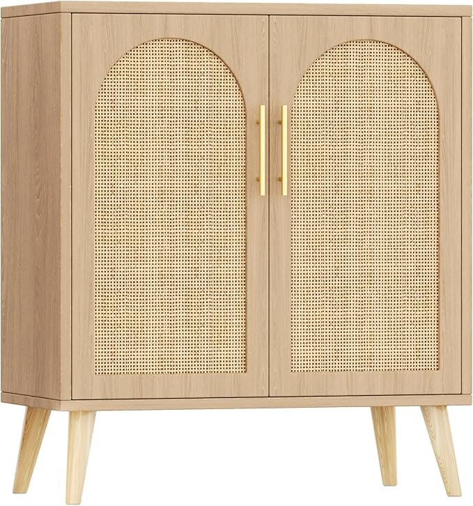 Rattan Buffet Cabinet with Storage, Boho Buffet Table with Adjustable Shelf and Solid Wood Legs, Accent Sideboard with Doors, Floor Cabinet for Kitchen, Dining Room and Living Room, Natural