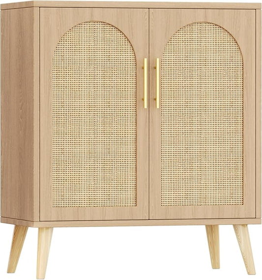 Rattan Buffet Cabinet with Storage, Boho Buffet Table with Adjustable Shelf and Solid Wood Legs, Accent Sideboard with Doors, Floor Cabinet for Kitchen, Dining Room and Living Room, Natural