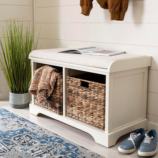 SAFAVIEH Home Collection – Freddy Vintage White Storage Bench with Wicker Baskets & Cushion, Entryway Seating Bench, Fully Assembled (AMH5736D)