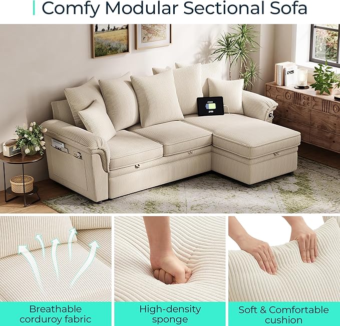 LINSY HOME 90.5'' Sectional Sleeper Sofa with Pull Out Couch Bed Modular (Beige, 90.5'') | USB Charging, Pillow-style Armrest, Multiple Cushions, Storage Chaise, Corduroy Fabric
