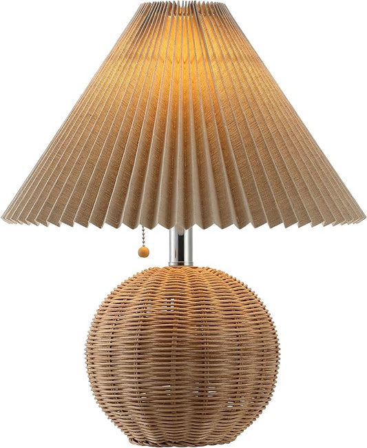JONATHAN Y 17.25" Natural/Chrome/Dark Beige Sphere Table Lamp, Mid-Century Bedside Nightstand with Beige Pleated Linen Shade, Scandinavian Coastal Style, LED Bulb Included (JYL1145C)