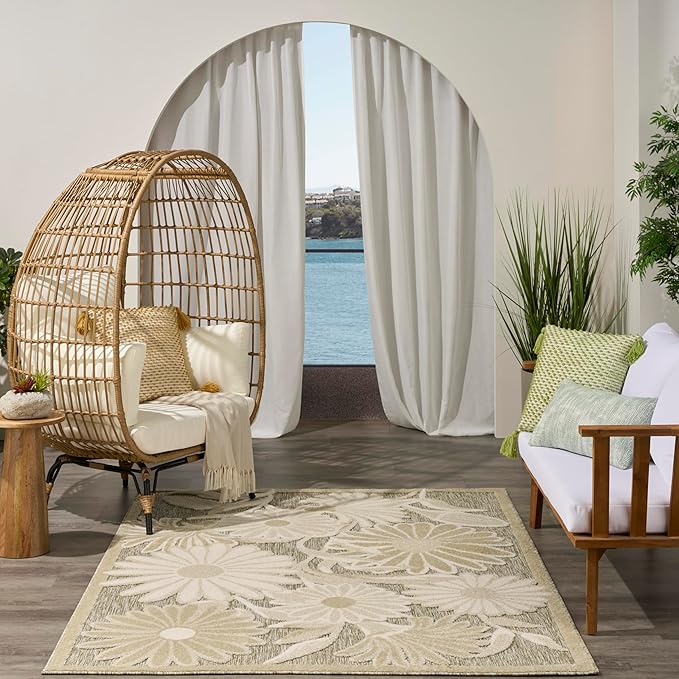 Nourison Home Aloha Ivory Sage 3'6" x 5'6" Area Rug - Easy Clean, Non Shedding, Bed Room, Living Room, Dining Room, Kitchen (4' x 6')