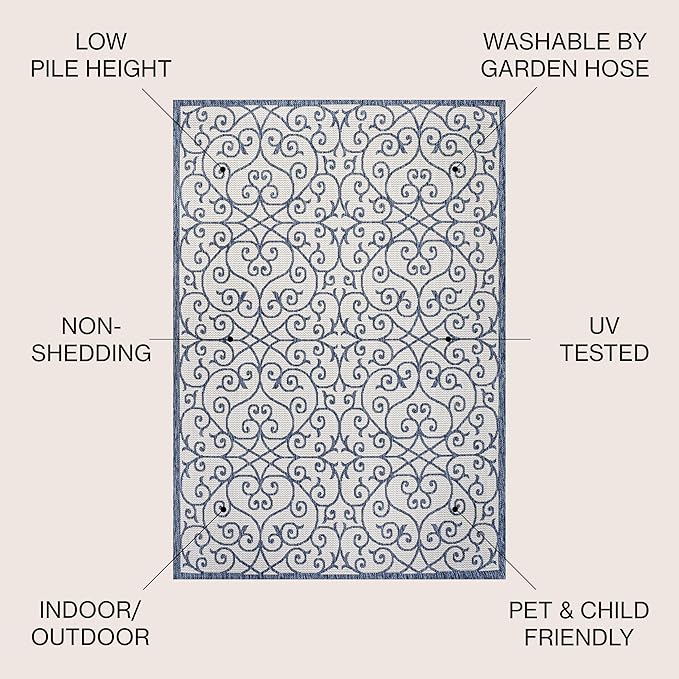JONATHAN Y Vintage Filigree Indoor Outdoor Square Area Rug 5X5 Blue/Cream, Madrid Textured Weave for Backyard, Patio, Porch, Easy-Cleaning, High Traffic, Pet-Friendly, Non-Shedding (SMB107F-5SQ)