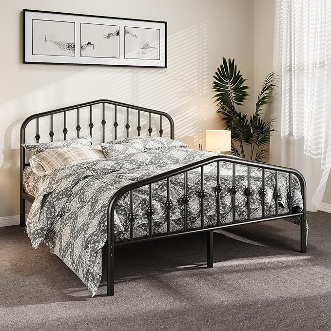 Allewie Queen Size Platform Metal Bed Frame with Chic Headboard and Footboard, Modern Design with Storage Space, Easy Assembly, Black