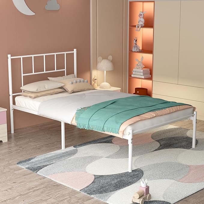 VECELO Twin Metal Platform Bed Frame with Headboard, Heavy Duty Steel Slat Support, Under Bed Storage,No Box Spring Needed, Easy Assembly