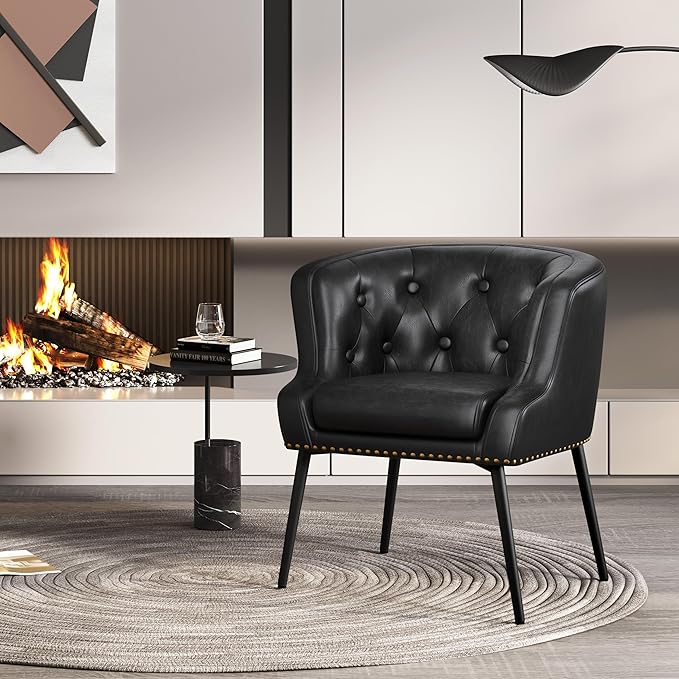 Yaheetech Modern Accent Chair, Faux Leather Retro Armchair, Upholstered Barrel Chair with Metal Leg and Comfy Seat Cushion for Living Room Bedroom, Black