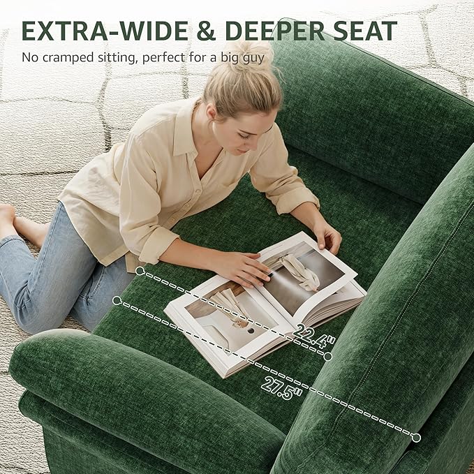 Oversized Accent Chair, 44.5 Inch Green Chenille Fabric Armchair, Comfy Single Sofa Chair with Padded Arms & Pocket Spring Cushion, Modern Reading Chair for Living Room, Bedroom