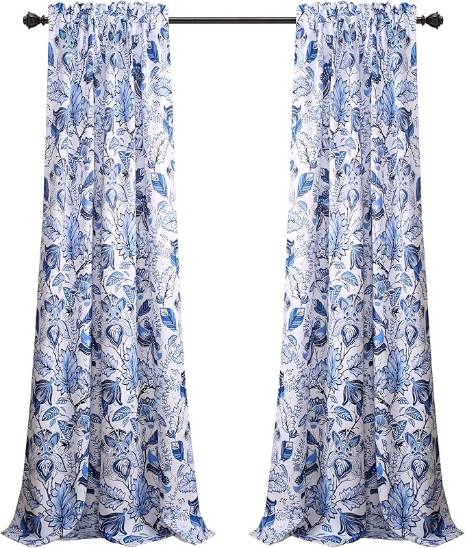 Lush Decor, Blue Cynthia Jacobean Darkening Window Curtains Set for Living, Dining Room, Bedroom, 108" L Panel Pair