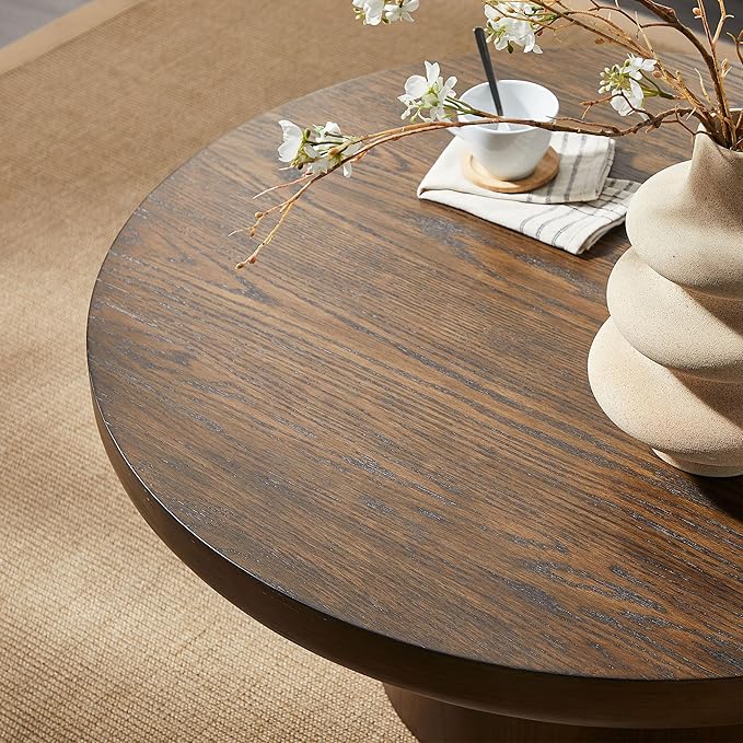 Eafurn 35.98inch Round Wood Coffee Table with Cylindrical Leg, Farmhouse Cocktail Solid Circle Center Wooden Table, Brown Walnut Tabletop & Legs