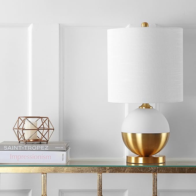 JONATHAN Y 23.5" White and Brass Gold Ceramic Table Lamp, Modern Glam Nightstand Lamp for Bedroom Living Room, White Linen Drum Shade, LED Bulb Included JYL5005A