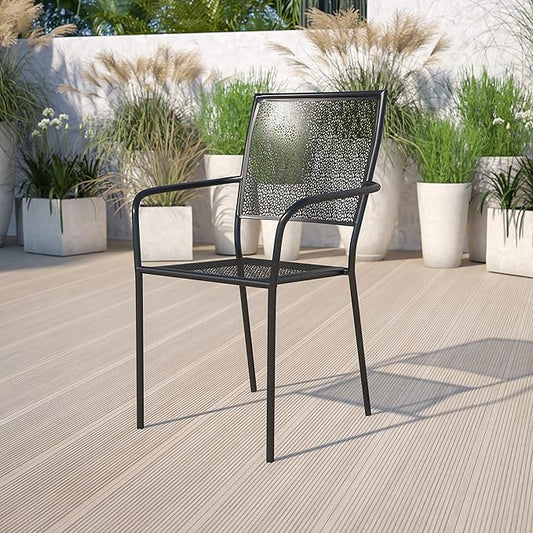 Flash Furniture Commercial Grade Black Indoor-Outdoor Steel Patio Arm Chair with Square Back