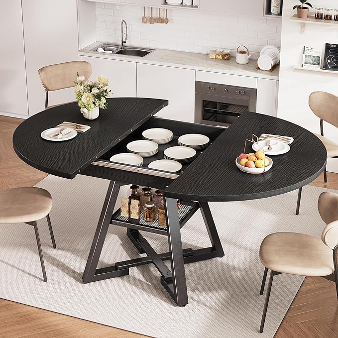 Round Dining Table Kitchen Dining Room Dinner Table for 4-6, Space Saving Extendable Oval Circle Furniture with Pedestal Base and Storage Shelf for Kitchen Living Room (Black, for 4-6)