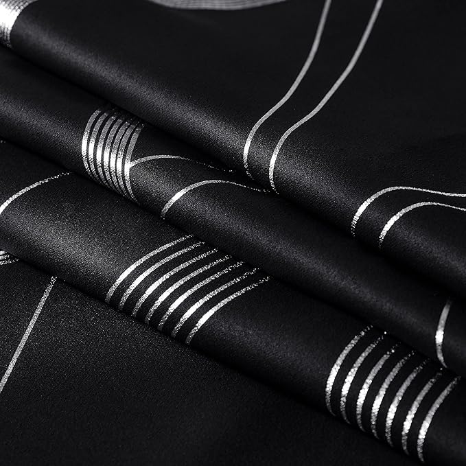 NICETOWN Black Out Curtains for Small Window, 2 Panels, 42 inches Wide by 48 inches Long, Foil Printed Wave Lines Thermal Insulated Blackout Panels/Drapes for Bedroom Kitchen Loft Cafe