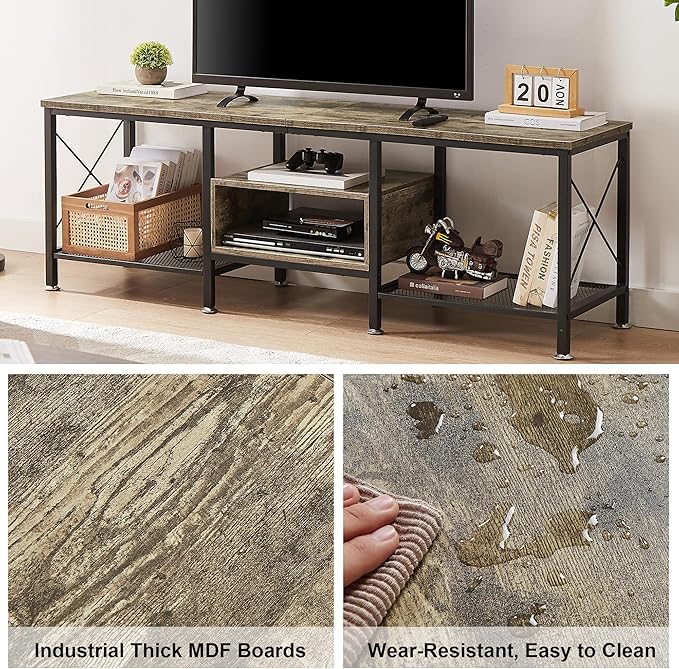 VECELO Industrial TV Stand for 70 Inch Television Cabinet 3-Tier Console with Open Storage Shelves, Entertainment Center Metal Frame for Living Room, Bedroom, 63 Inch, Grey