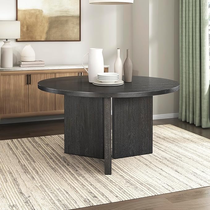Lexicon 54 Dia. Dining Table for 4 People, Round with Textured Wood Grain Surface, Modern Ebony Finish Oak Veneer Small Kitchen Table for Dining Room, Kitchen, Ebony