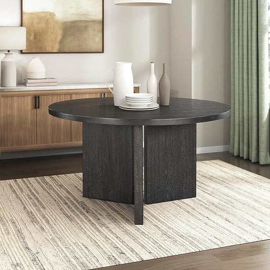 Lexicon 54 Dia. Dining Table for 4 People, Round with Textured Wood Grain Surface, Modern Ebony Finish Oak Veneer Small Kitchen Table for Dining Room, Kitchen, Ebony