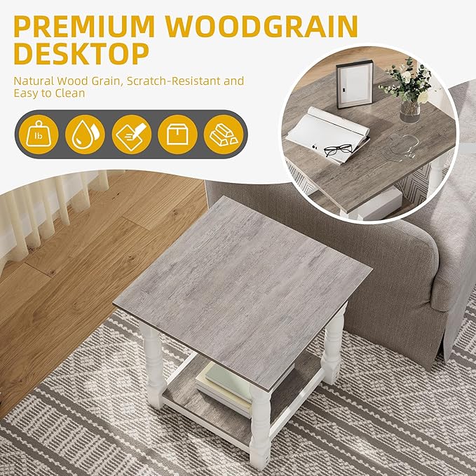 DWVO Farmhouse Square Coffee Table, Antique Accent Side Table with Floor Shelf, 23.6"x 23.6" Living Room Furniture, Vintage Ivory & White