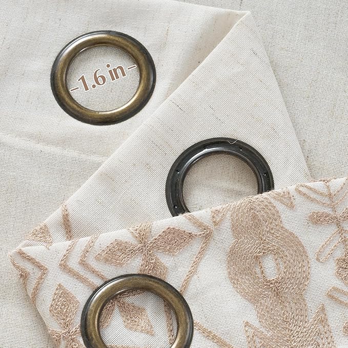 NICETOWN Cream Linen Curtains Floral Pattern Light Sand Embroidery- Elegant Drapes for Living Room, Bronze Grommet Farmhouse Style Luxurious Privacy Protection, W52 x L84, 2 Pcs
