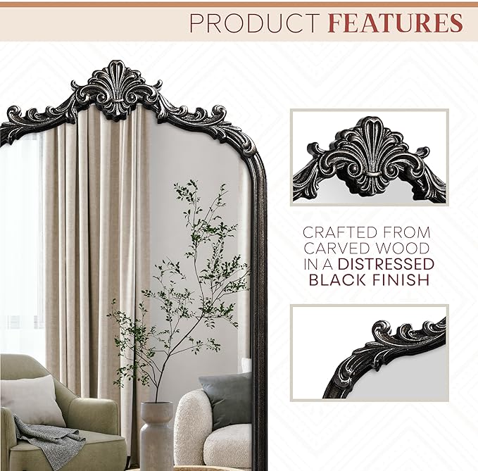 English Estate Carved Arch Wood Wall Mirror, Mirror for Entryway, Living Room, Bathroom, Distressed Black, 20.4x33