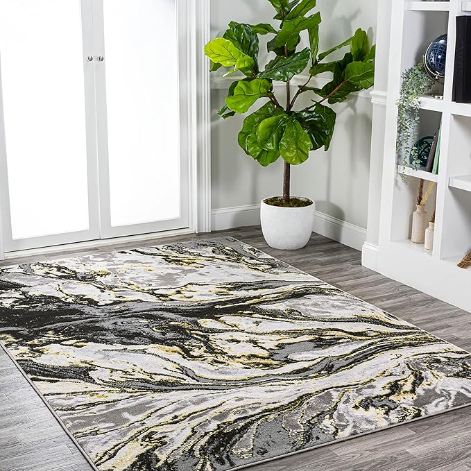 JONATHAN Y Swirl Marbled Black/Yellow Indoor Area Rug 3X5 ft, Abstract for Living Room, Bedroom, Kitchen, Office, Easy-Cleaning, High Traffic, Pet-Friendly, Non-Shedding SOR203D-3