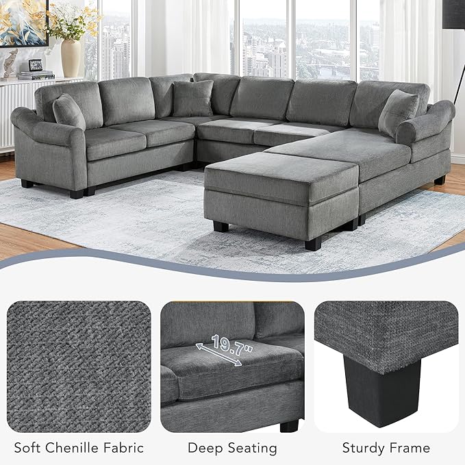 ERYE 112-Inch U-Shaped Sectional Sofa with Movable Storage Ottoman, Oversized Chenille Upholstered Corner Modular Sofa Couch W/Right Facing Chaise Lounge and 3 Toss Pillows