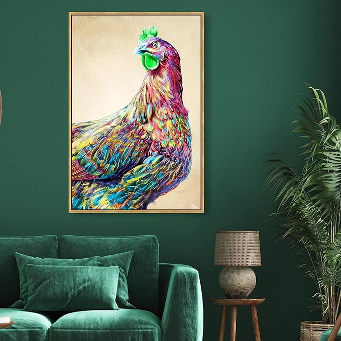 Country Farmhouse Canvas Print Painting Animal Wall Art 'Fun Colorful Glam Rooster' Gold Framed Canvas Rustic Home Décor 30x45 in Pink, Green by Oliver Gal