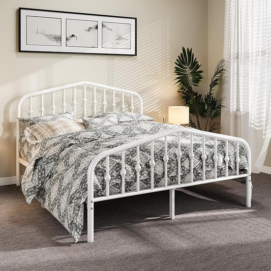 Allewie Full Size Metal Platform Bed Frame with Vintage Headboard and Footboard, No Box Spring Needed, Easy Assembly, White