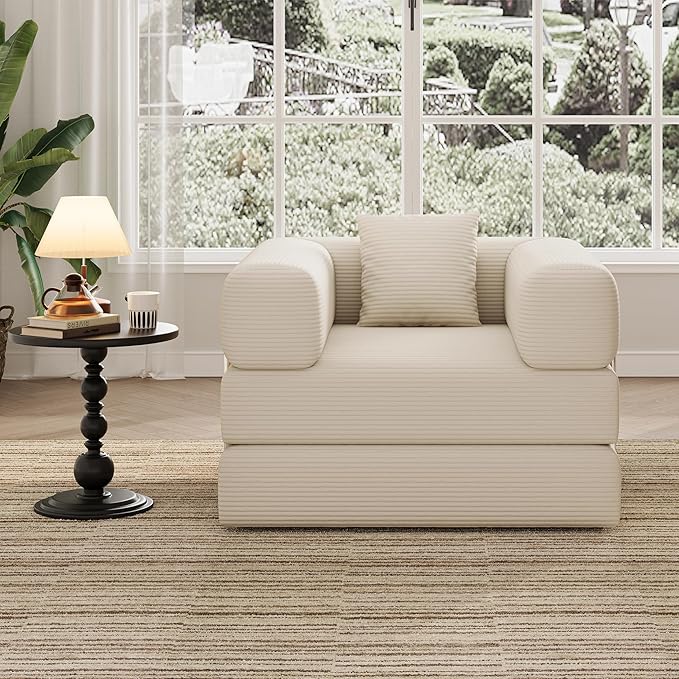 BSHOMGI Folding Sofa Bed, 2 in 1 Convertible Sofas to Lounger Comfy Single Bean Bag Chair Floor Portable Foldable Sleeper Lazy Futon Couch Chair for Bedroom, Living Room (Beige, 35.43" Single Sofa)
