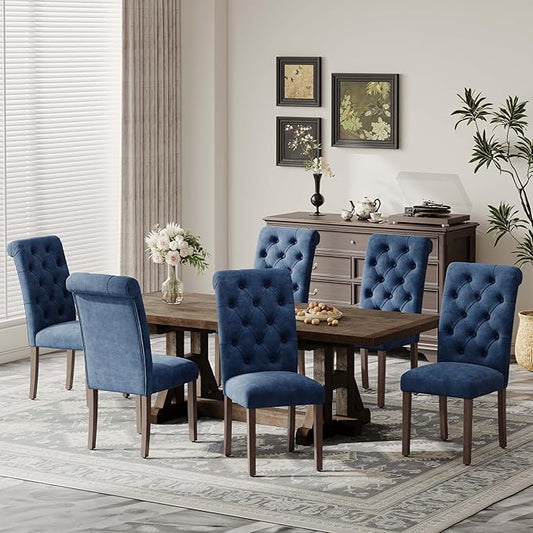 Upholstered Tufted Dining Room Chairs Set of 6, Parsons Kitchen Chairs with Padded Seat and Solid Wood Legs, Fabric Accent Side Diner Chair for Dining Room/Kitchen/Living Room, Blue
