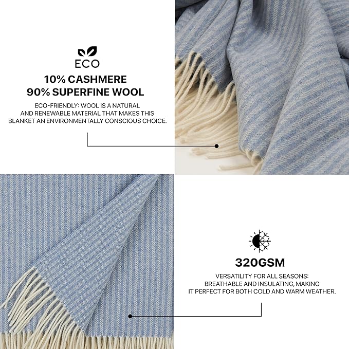| Cashmere Blend Blanket | 10% Cashmere, 90% Superfine Wool | Ultra-Soft, Warm & Breathable Throw with Fringes | Elegant Bed or Sofa Layer 55"x79" (140 x 200 cm)