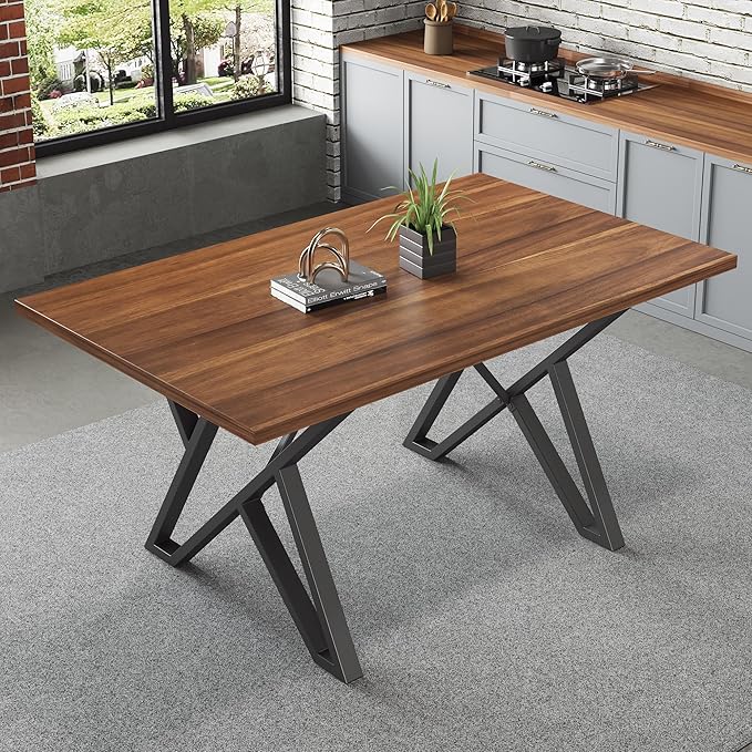 Christopher Knight Home Quillson 59.04" Rectangular Dining Table, Walnut Finish Kitchen Table, Open X Metal Legs, Dining Table for 4, Industrial Table for Dining Room Kitchen Home, Walnut+Black