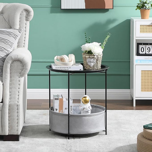 VECELO Round Side/End Table with Fabric Storage Basket，Metal Anti-Rust and Waterproof Small Bedside Nightstand with Removable Tray Top for Living Room，Balcony & Laundry，Black /1pcs with Basket