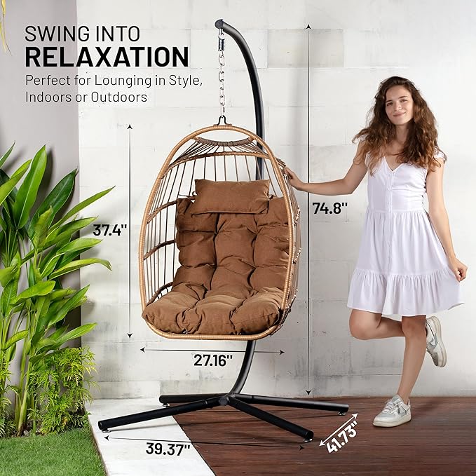 SereneLife Egg Chair with Stand – Hanging Rattan Wicker Swing for Indoor Outdoor Use – 350 lbs Capacity, Breathable Cushion & Headrest – Patio, Balcony, Porch, Bedroom Lounge Furniture