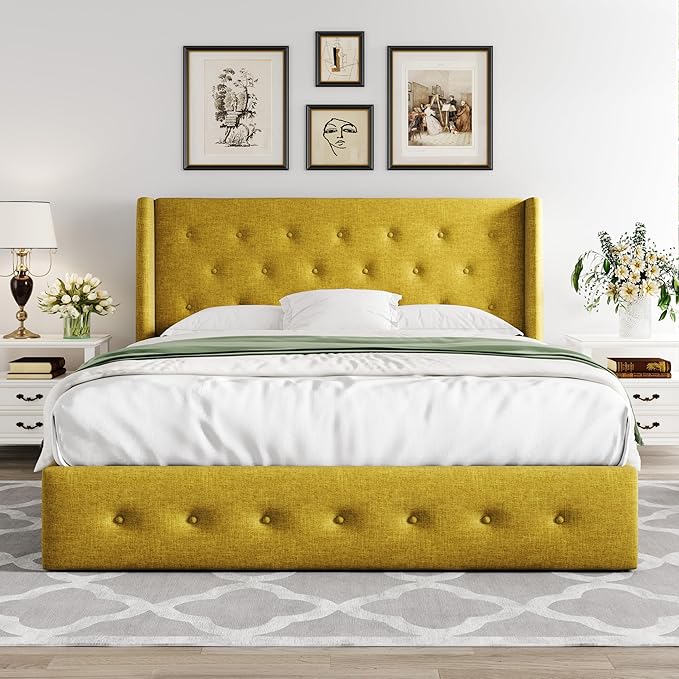 Allewie Queen Size Lift Up Storage Bed, Button Tufted Headboard with Wingback, Hydraulic Support, No Box Spring Needed, Olive Yellow