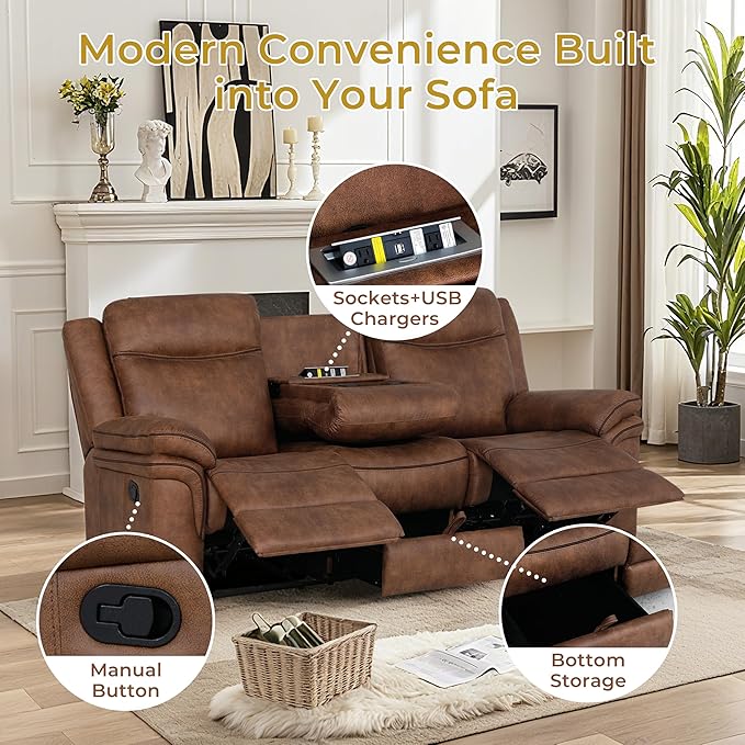 Luxurious Faux Leather Recliner Sofa Set for Living Room, Manual Rocking Loveseat, 3 Seat Reclining Sofa Couch with Dropdown Table, Storage and USB for Meeting Room (77"+87")