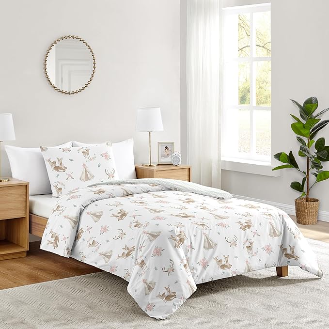 Sweet Jojo Designs 2-Piece Twin Comforter Set (Woodland Deer Floral) for Girls, Children, Kids Bedding, Bed in a Bag incl. Blanket & Pillow Sham (Boho, Watercolor, Bohemian, Shabby Chic, Pink & Green)