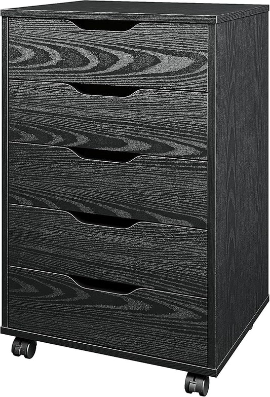 Panana 5/7 Drawer Chest, Wooden Tall Dresser Storage Dresser Cabinet with Wheels, Office Organization and Storage, Bedroom Furniture (Black, 5 Drawer)