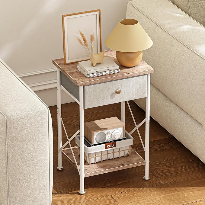 VECELO End Tables, Modern Nightstands with Fabric Drawer & Open Shelf, Side Table for Bedroom Living Room, Industrial Metal Frame, Easy Assembly, Grey,2 Pack